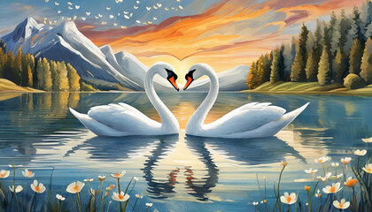 A beautiful swan couple in love on a lake forming a heart symbol with their bodies reflecting in the water