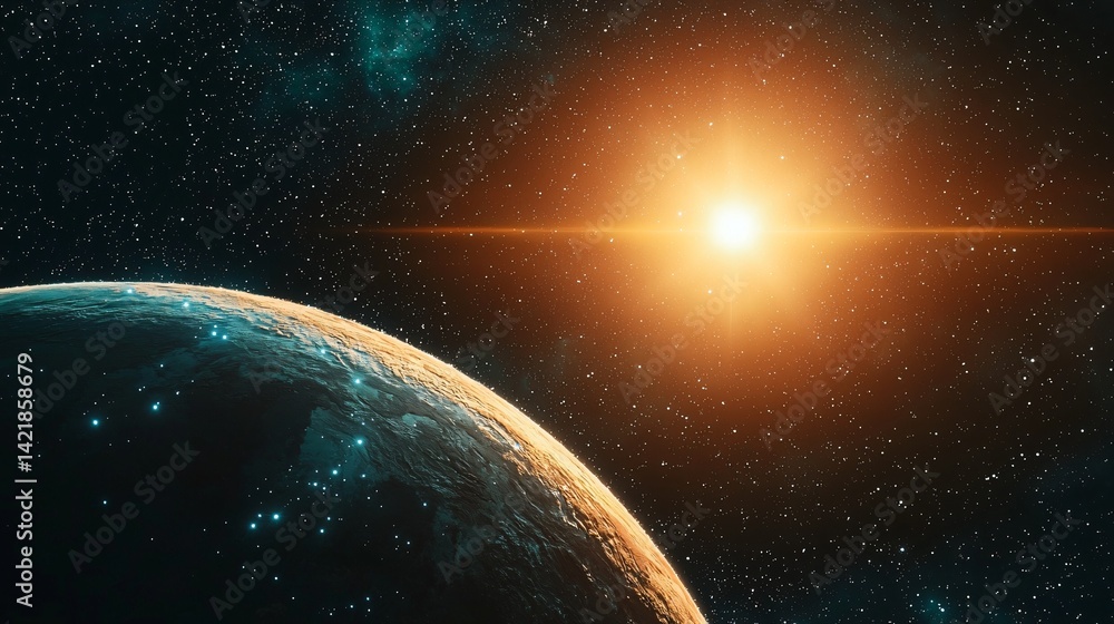 Poster beautiful representation of earth and sun in a cosmic setting with natural sunlight creating a stunn