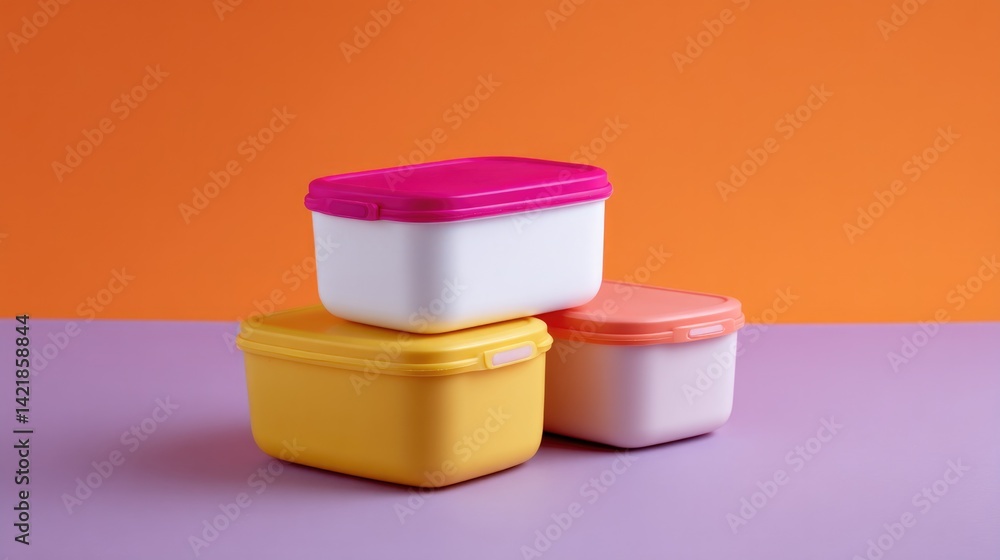 Poster variety of lunch boxes with vibrant colors minimalistic design symmetrically arranged on colorful ba