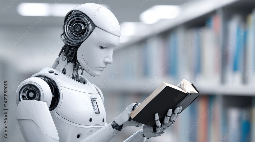 Poster robot reading in library - a futuristic robot sits in a library, attentively reading a book. the sce
