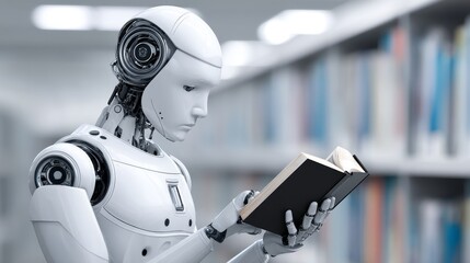 Fototapeta premium Robot Reading in Library - A futuristic robot sits in a library, attentively reading a book. The scene depicts technological advancement and knowledge acquisition