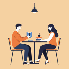 Young man and woman reading books together at table under hanging lamp in cozy setting vector illustration 