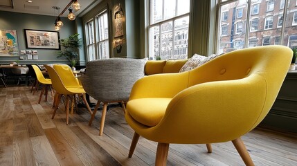 Cozy cafe seating area with yellow chairs