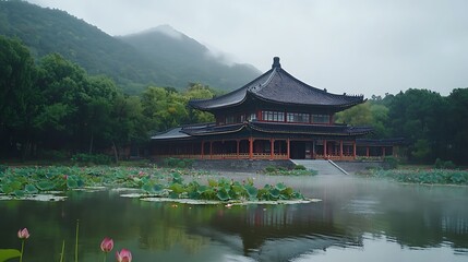 Fototapeta premium Misty morning at a serene Asian temple by a lotus pond.