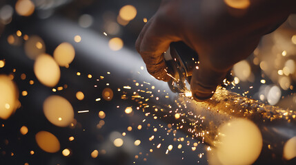 Close-up of a hand using a tool to cut metal, creating sparks