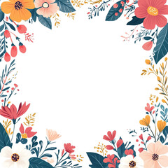 A floral border with various colorful flowers and leaves surrounds a blank white space in the center, creating an elegant and decorative design suitable for invitations or greeting cards.