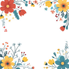 A floral border with various colorful flowers and leaves surrounds a blank white space in the center, creating an elegant and decorative design suitable for invitations or greeting cards.