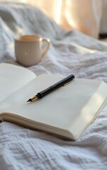 Cozy workspace with open notebook and pen featuring a gentle color palette and soft textures creating a peaceful writing environment