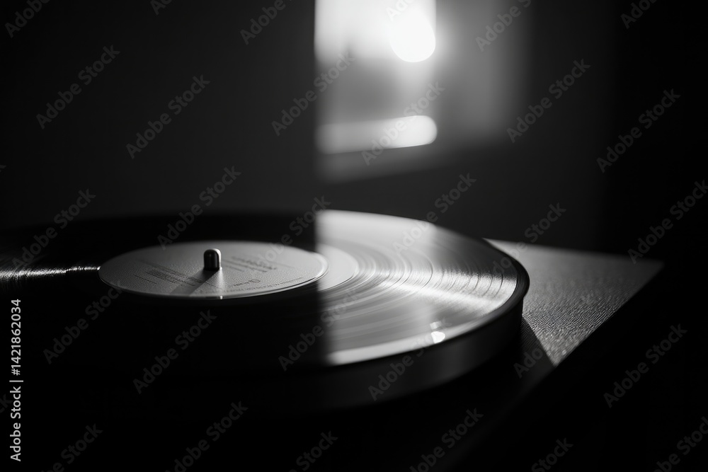Poster vinyl record on plain table bathed in soft light creating minimalistic clean image