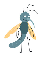 Cartoon mosquito, tired character. Bloodsucker insect, color flat icon. Cute mosquito isolated vector illustration