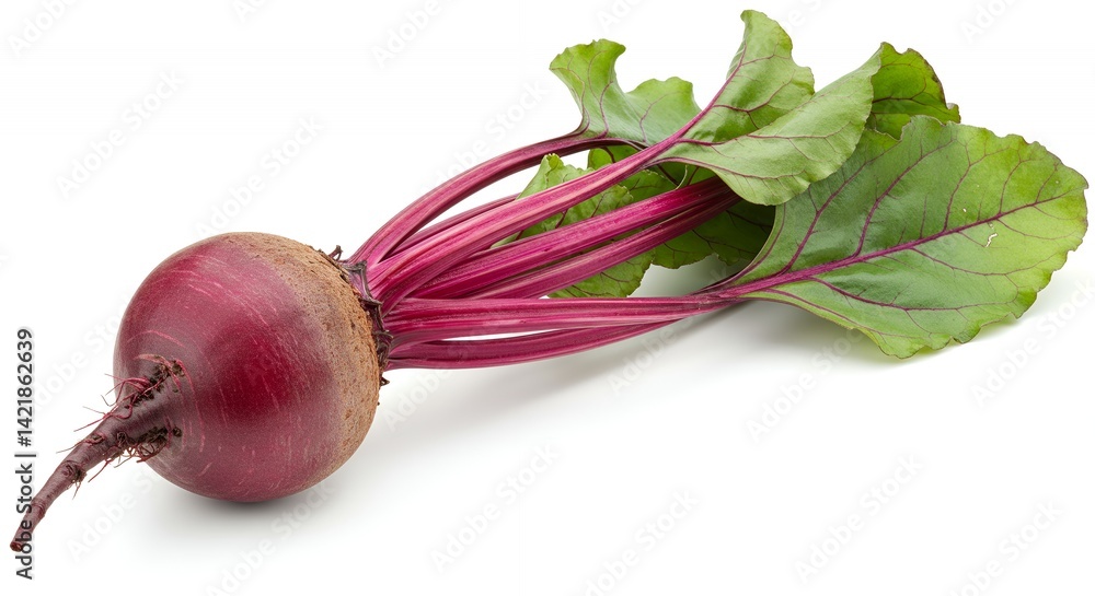 Poster detailed botanical real shot of red beet beta vulgaris showing root structure and leaf shape isolate