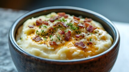 Close-up of creamy mashed potatoes with cheddar cheese and crispy bacon.
