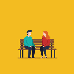Couple sitting on bench having conversation in casual clothing simple flat design vector illustration 