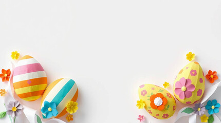 a collection of vibrantly painted Easter eggs arranged along the left and right edges, creating a border effect on a white background
