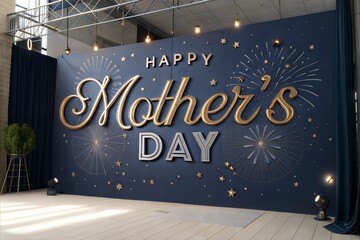 3D gold Mother's Day wall backdrop with fireworks and lights in a modern celebration setup