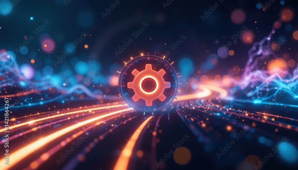 Poster dynamic gear mechanism in abstract digital environment conceptual technology art vibrant color palet