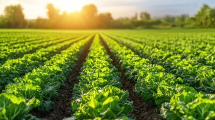 Sunset over lush lettuce field, agriculture, farming, rural landscape, food production