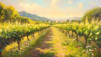 A picturesque vineyard in spring lush green