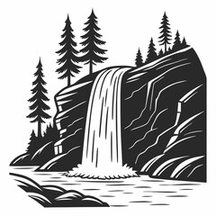 Black and White Waterfall Illustration with Rocky Cliff and Evergreen Trees