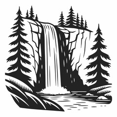 Black and White Waterfall Illustration with Rocky Cliff and Evergreen Trees