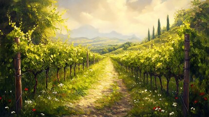 A picturesque vineyard in spring lush green