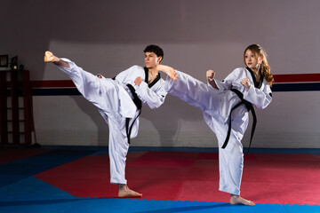 Taekwondo fighters kicking in perfect synchronization