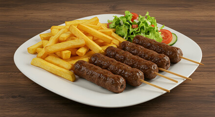 Serving Kebab Skewers with Fries and Salad on Plate