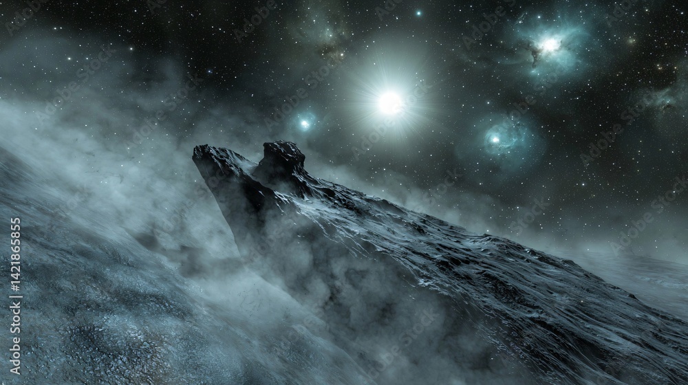Poster space station floating above a planet in a cosmic landscape surrounded by nebula clouds creating an 