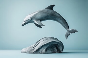 Obraz premium Grey dolphin sculpture leaping above a sculpted wave.
