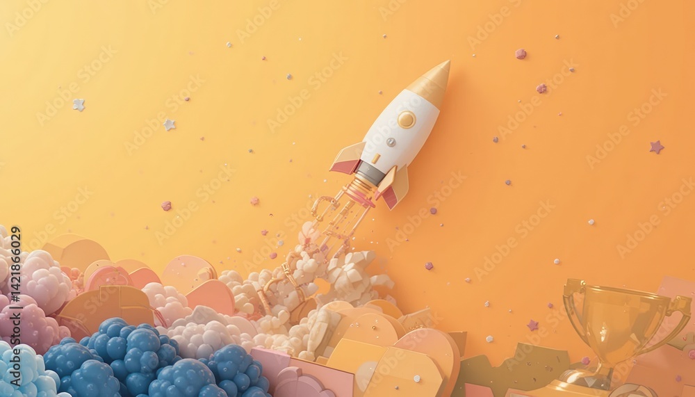 Poster rocket launch event space environment 3d animation colorful background creative viewpoint concept of