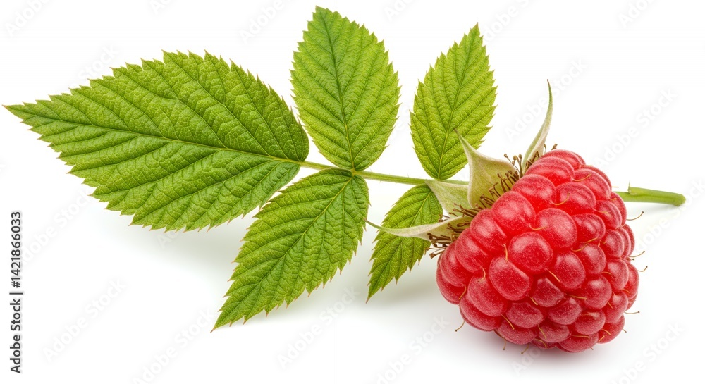 Poster detailed close up of a ripe red raspberry with green leaf isolated on white backdrop showcasing berr