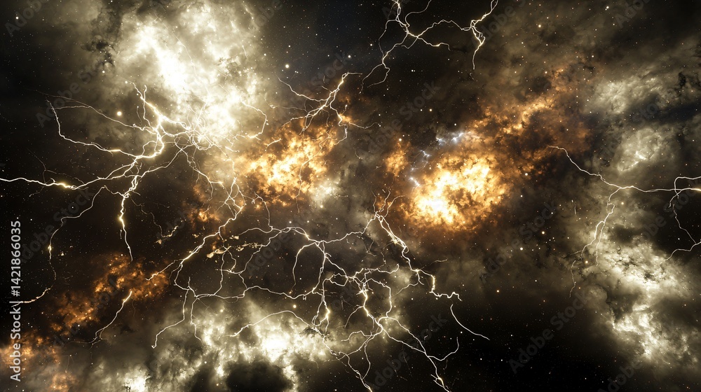 Poster lightning storm illuminating the night sky with dramatic harsh lighting effect creating a powerful a