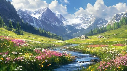 illustration of A peaceful mountain valley