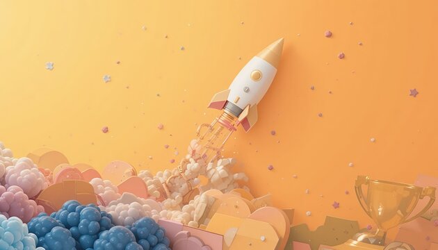 Rocket launch event space environment 3d animation colorful background creative viewpoint concept of exploration and adventure