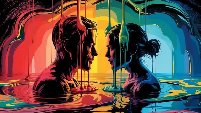  Abstract artistic rendering of a couple facing each other surrounded by dripping colorful paint