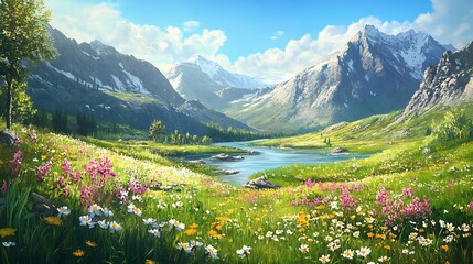 illustration of A peaceful mountain valley