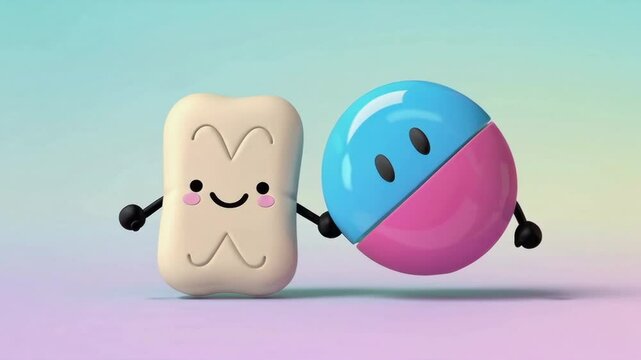 BFF Bandage and Pill | Cute Friendship Between Medicine Characters | Soft Pastel Illustration
