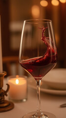 glass of red wine with splash, elegantly captured in cozy dining setting, evokes sense of warmth and celebration