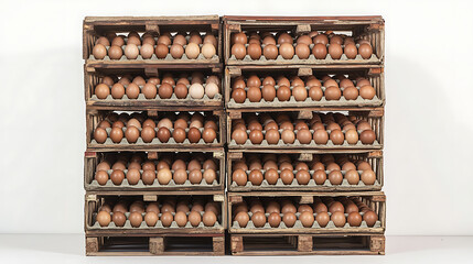 Stacked wooden crates filled with brown and one white eggs