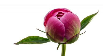 Detailed Peony Bud Close-Up with Deep Pink Petals and Vibrant Green Leaves Isolated on Pure White Background Featuring Intricate Petal Layers and Delicate Bud Formation