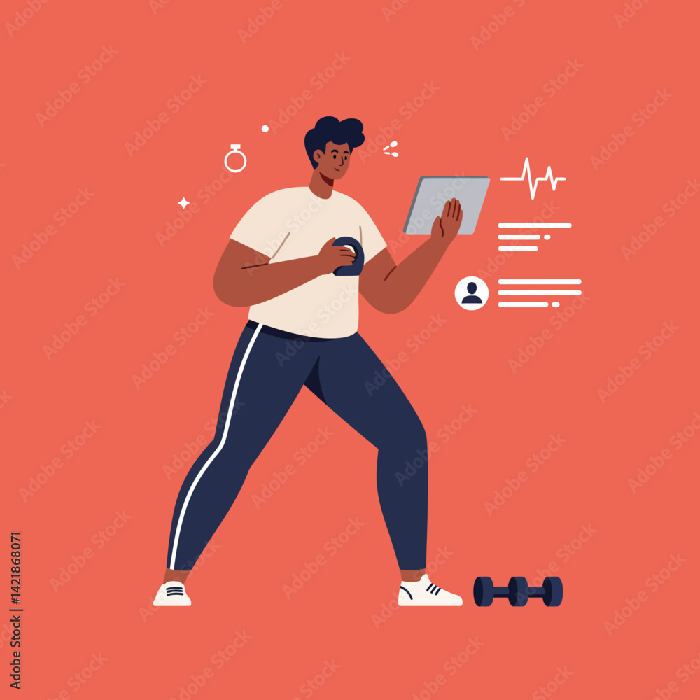 Aufkleber man using fitness tracker and digital tablet for health monitoring and exercise tracking in modern l