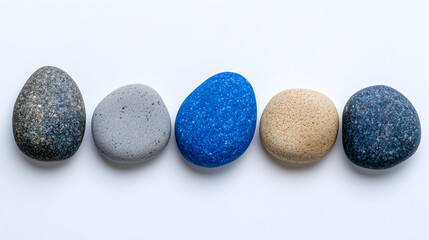 Five Smooth Stones in Shades of Blue Gray and Beige on White Background