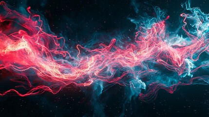 Fiery red and blue flames dancing against a dark background creating a striking visual of elemental power in a cosmic context