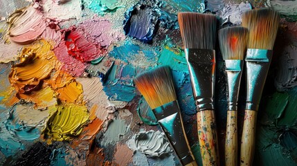 Obraz premium Paintbrushes on colorful palette, studio background, art supplies, creative process