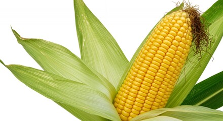 Fresh Corn on the Cob Detailed Botanical View Isolated on White Background Featuring Vibrant Green Leaves and Golden Kernels Perfect for Stock Photos