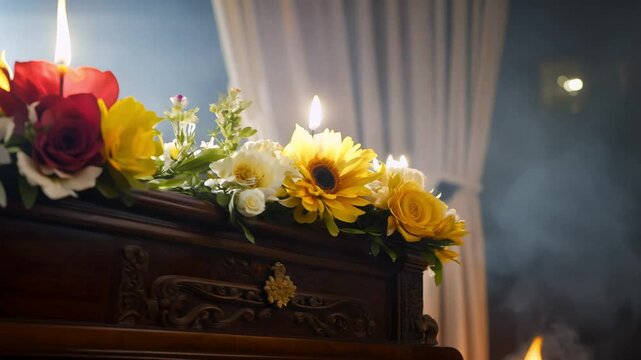 Dolly in video, backlighting, altar, fresh flowers, antique, coffin, softy, candles, details, grief, delicate, sacred, slowly, accentuates, burial, adjacent, glow, timeless