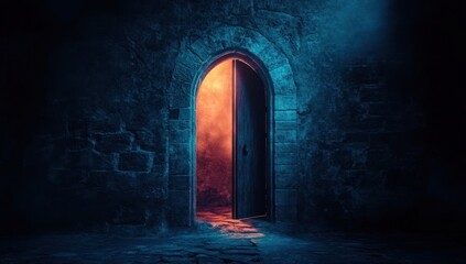 Mysterious arched doorway in a dark stone wall, lit by an inner glow