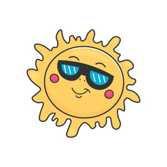 Doodle Sun in Sunglasses. Hand-drawn Happy Yellow Sun, Fun Summer Vector Illustration. For summer designs, travel stickers, kids’ decor, and positive vibes projects. Bright yellow with bold outlines 