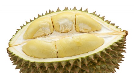 Isolated Halved Durian Fruit Showcasing Spiky Exterior and Yellow Pulp on White Background