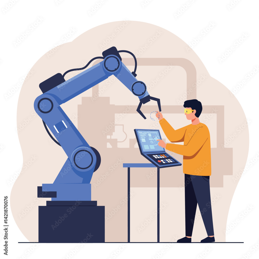 Poster industrial robotic arm with man controlling automation technology in factory environment vector illu